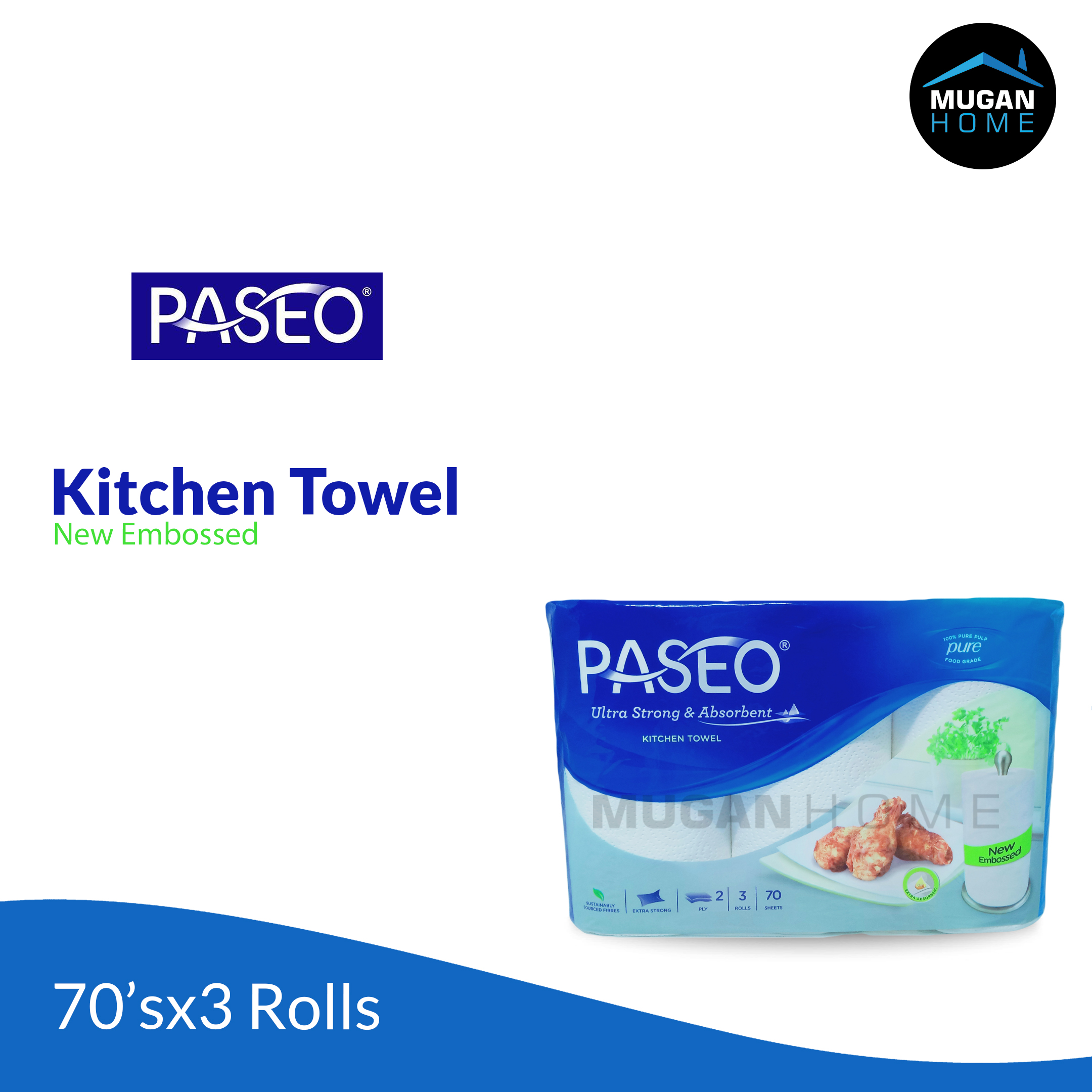 PASEO ELEGANT KITCHEN TOWEL ROLL WHITE TIP TO TIP 70SHEETS 3 ROLL